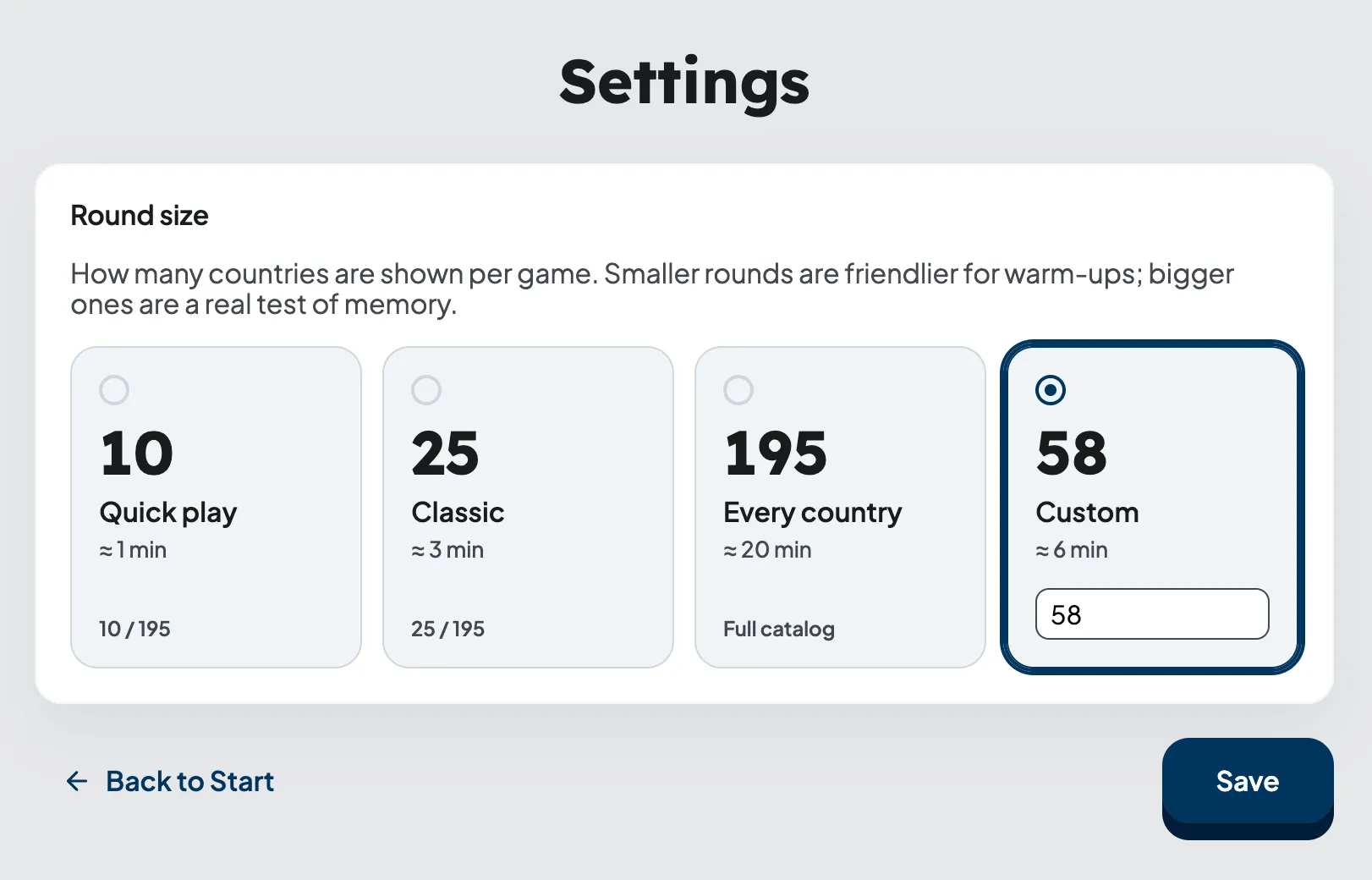 Settings screen